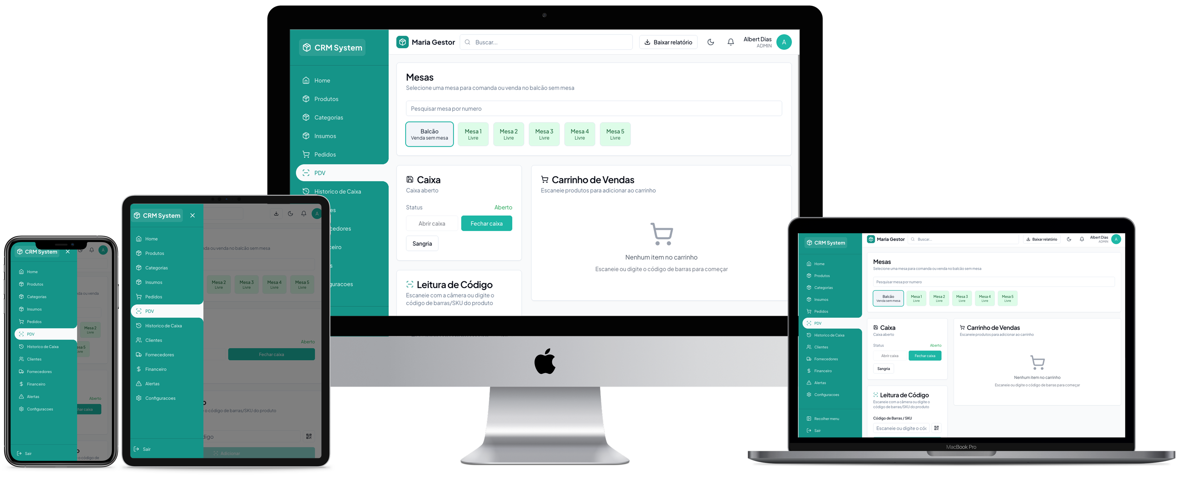 Mockup do sistema CRM e PDV mostrando interface responsiva em smartphone, tablet e desktop